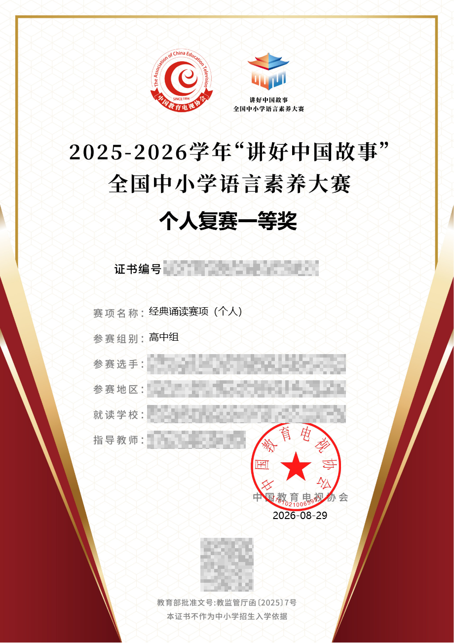 白名单第33项 · “讲好中国故事”全国中小学语言素养大赛 · 个人复赛 · 一等奖（个人信息与编号已脱敏）